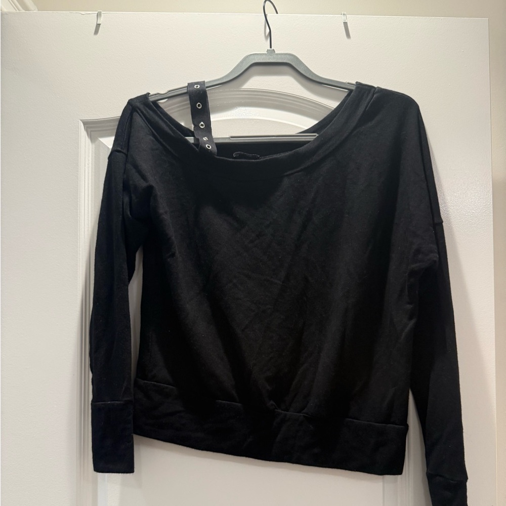 Terez Black Sweatshirt with Grommet Detail On Shoulder Strap